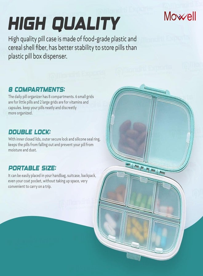 Mowell Travel Pill Organizer - 8 Compartment Portable Pill Box for Daily Medicine & Vitamins | Small Pocket-Sized Pill Case | Double Lock, Moisture-Proof, Food-Grade Plastic | Turkish Blue - Image 4